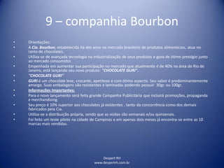 Despert RH
www.despertrh.com.br
9 – companhia Bourbon
• Orientações:
• A Cia. Bourbon, estabelecida há dez anos no mercado brasileiro de produtos alimentícios, atua no
ramo de chocolates.
• Utiliza-se de avançada tecnologia na industrialização de seus produtos e goza de ótimo prestígio junto
ao mercado consumidor.
• Empenhada em aumentar sua participação no mercado que atualmente é de 40% na área do Rio de
Janeiro, está lançando seu novo produto: "CHOCOLATE GURI".
• "CHOCOLATE GURI"
• GURI é um chocolate leve, crocante, apetitoso e com ótimo aspecto. Seu sabor é predominantemente
amargo. Suas embalagens são resistentes e laminadas podendo possuir 30gr. ou 100gr.
• Informações Importantes:
• Para o novo lançamento será feita grande Campanha Publicitária que incluirá promoções, propaganda
e merchandising.
• Seu preço é 10% superior aos chocolates já existentes , tanto da concorrência como dos demais
fabricados pela Cia.
• Utiliza-se a distribuição própria, sendo que as visitas são semanais e/ou quinzenais.
• Foi feito um teste piloto na cidade de Campinas e em apenas dois meses já encontra-se entre as 10
marcas mais vendidas.
 