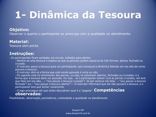 Despert RH
www.despertrh.com.br
1- Dinâmica da Tesoura
Objetivo:
Observar o quanto o participante se preocupa com a qualidade no atendimento.
Material:
Tesoura sem ponta
Instruções:
- Os participantes ficam sentados em círculo, voltados para dentro.
- Mostra-se uma tesoura e explica-se que as pessoas podem passá-la de três formas: aberta, fechada ou
cruzada.
- O instrutor passa a tesoura para um participante, que começará a dinâmica falando em voz alta de como
passará a tesoura.
- O instrutor dirá se a forma que está sendo passada é certa ou não.
- Os segredo está no movimento das pernas, ou seja, se estiverem abertas, fechadas ou cruzadas, é a
forma que a tesoura deve ser passada. Ou seja... se o participante estiver com as pernas cruzadas, ele terá
que falar em voz alta... – “vou passar a tesoura cruzada”!. Se por ventura ele falar.. – “vou passar a tesoura
fechada”! ou – “vou passar a tesoura aberta”! – O instrutor informará que ele não passará a tesoura, e o
participante terá que tentar novamente.
- O jogo prossegue até que todos descubram qual é a “pegada”. Competências
observadas:
Flexibilidade, observação, persistência, criatividade e qualidade no atendimento
 