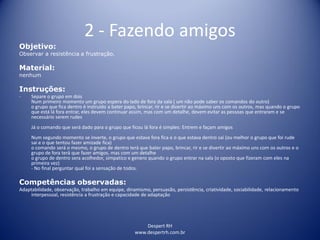 Despert RH
www.despertrh.com.br
2 - Fazendo amigos
Objetivo:
Observar a resistência a frustração.
Material:
nenhum
Instruções:
- Separe o grupo em dois
Num primeiro momento um grupo espera do lado de fora da sala ( um não pode saber os comandos do outro)
o grupo que fica dentro é instruido a bater papo, brincar, rir e se divertir ao máximo uns com os outros, mas quando o grupo
que está lá fora entrar, eles devem continuar assim, mas com um detalhe, devem evitar as pessoas que entraram e se
necessário serem rudes
Já o comando que será dado para o grupo que ficou lá fora é simples: Entrem e façam amigos
Num segundo momento se inverte, o grupo que estava fora fica e o que estava dentro sai (ou melhor o grupo que foi rude
sai e o que tentou fazer amizade fica)
o comando será o mesmo, o grupo de dentro terá que bater papo, brincar, rir e se divertir ao máximo uns com os outros e o
grupo de fora terá que fazer amigos. mas com um detalhe
o grupo de dentro sera acolhedor, simpatico e genero quando o grupo entrar na sala (o oposto que fizeram com eles na
primeira vez)
- No final perguntar qual foi a sensação de todos.
Competências observadas:
Adaptabilidade, observação, trabalho em equipe, dinamismo, persuasão, persistência, criatividade, sociabilidade, relacionamento
interpessoal, resistência a frustração e capacidade de adaptação
 
