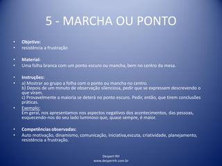 Despert RH
www.despertrh.com.br
5 - MARCHA OU PONTO
• Objetivo:
• resistência a frustração
• Material:
• Uma folha branca com um ponto escuro ou mancha, bem no centro da mesa.
• Instruções:
• a) Mostrar ao grupo a folha com o ponto ou mancha no centro.
b) Depois de um minuto de observação silenciosa, pedir que se expressem descrevendo o
que viram.
c) Provavelmente a maioria se deterá no ponto escuro. Pedir, então, que tirem conclusões
práticas.
• Exemplo:
Em geral, nos apresentamos nos aspectos negativos dos acontecimentos, das pessoas,
esquecendo-nos do seu lado luminoso que, quase sempre, é maior.
• Competências observadas:
• Auto motivação, dinamismo, comunicação, iniciativa,escuta, criatividade, planejamento,
resistência a frustração.
 