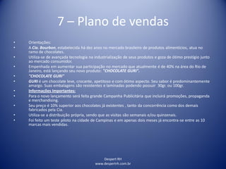 Despert RH
www.despertrh.com.br
7 – Plano de vendas
• Orientações:
• A Cia. Bourbon, estabelecida há dez anos no mercado brasileiro de produtos alimentícios, atua no
ramo de chocolates.
• Utiliza-se de avançada tecnologia na industrialização de seus produtos e goza de ótimo prestígio junto
ao mercado consumidor.
• Empenhada em aumentar sua participação no mercado que atualmente é de 40% na área do Rio de
Janeiro, está lançando seu novo produto: "CHOCOLATE GURI".
• "CHOCOLATE GURI"
• GURI é um chocolate leve, crocante, apetitoso e com ótimo aspecto. Seu sabor é predominantemente
amargo. Suas embalagens são resistentes e laminadas podendo possuir 30gr. ou 100gr.
• Informações Importantes:
• Para o novo lançamento será feita grande Campanha Publicitária que incluirá promoções, propaganda
e merchandising.
• Seu preço é 10% superior aos chocolates já existentes , tanto da concorrência como dos demais
fabricados pela Cia.
• Utiliza-se a distribuição própria, sendo que as visitas são semanais e/ou quinzenais.
• Foi feito um teste piloto na cidade de Campinas e em apenas dois meses já encontra-se entre as 10
marcas mais vendidas.
 