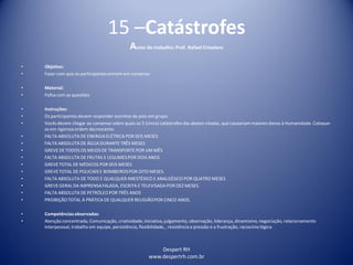 Despert RH
www.despertrh.com.br
15 –Catástrofes
Autor do trabalho: Prof. Rafael Crivelaro
• Objetivo:
• Fazer com que os participantes entrem em consenso.
• Material:
• Folha com as questões
• Instruções:
• Os participantes devem responder sozinhos de pois em grupo.
• Vocês devem chegar ao consenso sobre quais as 5 (cinco) catástrofes das abaixo citadas, que causariam maiores danos à Humanidade. Coloque-
as em rigorosa ordem decrescente.
• FALTA ABSOLUTA DE ENERGIAELÉTRICA POR SEIS MESES
• FALTA ABSOLUTA DE ÁGUA DURANTE TRÊS MESES
• GREVE DE TODOS OS MEIOS DE TRANSPORTE POR UM MÊS
• FALTA ABSOLUTA DE FRUTAS E LEGUMESPOR DOIS ANOS
• GREVE TOTAL DE MÉDICOS POR SEIS MESES
• GREVE TOTAL DE POLICIAIS E BOMBEIROSPOR OITO MESES.
• FALTA ABSOLUTA DE TODO E QUALQUER ANESTÉSICO E ANALGÉSICO POR QUATRO MESES
• GREVE GERAL DA IMPRENSAFALADA, ESCRITA E TELEVISADA POR DEZ MESES.
• FALTA ABSOLUTA DE PETRÓLEOPOR TRÊS ANOS
• PROIBIÇÃOTOTAL À PRÁTICA DE QUALQUER RELIGIÃOPOR CINCO ANOS.
• Competênciasobservadas:
• Atenção concentrada, Comunicação, criatividade,iniciativa,julgamento, observação, liderança, dinamismo,negociação, relacionamento
interpessoal, trabalho em equipe, persistência, flexibilidade,, resistência a pressão e a frustração, raciocíniológico
 