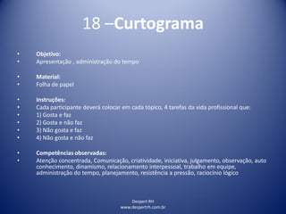 Despert RH
www.despertrh.com.br
18 –Curtograma
• Objetivo:
• Apresentação , administração do tempo
• Material:
• Folha de papel
• Instruções:
• Cada participante deverá colocar em cada tópico, 4 tarefas da vida profissional que:
• 1) Gosta e faz
• 2) Gosta e não faz
• 3) Não gosta e faz
• 4) Não gosta e não faz
• Competências observadas:
• Atenção concentrada, Comunicação, criatividade, iniciativa, julgamento, observação, auto
conhecimento, dinamismo, relacionamento interpessoal, trabalho em equipe,
administração do tempo, planejamento, resistência a pressão, raciocínio lógico
 