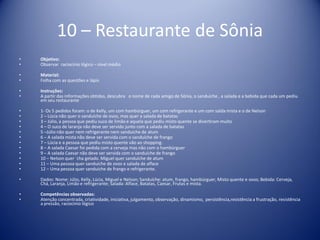 10 – Restaurante de Sônia
• Objetivo:
• Observar raciocínio lógico – nível médio
• Material:
• Folha com as questões e lápis
• Instruções:
• A partir das informações obtidas, descubra o nome de cada amigo de Sônia, o sanduíche , a salada e a bebida que cada um pediu
em seu restaurante
• 1- Os 5 pedidos foram: o de Kelly, um com hambúrguer, um com refrigerante e um com salda mista e o de Nelson
• 2 – Lúcia não quer o sanduíche de ovos, mas quer a salada de batatas
• 3 – Júlio, a pessoa que pediu suco de limão e aquela que pediu misto quente se divertiram muito
• 4 – O suco de laranja não deve ser servido junto com a salada de batatas
• 5 –Júlio não quer nem refrigerante nem sanduíche de atum
• 6 – A salada mista não deve ser servida com o sanduíche de frango
• 7 – Lúcia e a pessoa que pediu misto quente vão ao shopping.
• 8 – A salada Caesar foi pedida com a cerveja mas não com o hambúrguer
• 9 – A salada Caesar não deve ser servida com o sanduíche de frango
• 10 – Nelson quer ´cha gelado. Miguel quer sanduíche de atum
• 11 – Uma pessoa quer sanduíche de ovos e salada de alface
• 12 – Uma pessoa quer sanduíche de frango e refrigerante.
• Dados: Nome: Júlio, Kelly, Lúcia, Miguel e Nelson; Sanduíche: atum, frango, hambúrguer, Misto quente e ovos; Bebida: Cerveja,
Chá, Laranja, Limão e refrigerante; Salada: Alface, Batatas, Caesar, Frutas e mista.
• Competências observadas:
• Atenção concentrada, criatividade, iniciativa, julgamento, observação, dinamismo, persistência,resistência a frustração, resistência
a pressão, raciocínio lógico
 