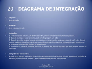 Despert RH
www.despertrh.com.br
20 - DIAGRAMA DE INTEGRAÇÃO
• Objetivo:
• Apresentação
• Material:
• Uma música animada
• Instruções:
• 1. Formam-se dois círculos, um dentro do outro, ambos com o mesmo número de pessoas.
2. Quando começar a tocar a música, cada círculo gira para um lado.
3. Quando a música pára de tocar, as pessoas devem se apresentar para quem parar à sua frente, dizendo
o nome e alguma outra informação que o coordenador da dinâmica achar interessante para o momento.
4. Repete-se até que todos tenham se apresentado.
5. A certa altura, pode-se, também, misturar as pessoas dos dois círculos para que mais pessoas possam se
conhecer.
• Competências observadas:
• Atenção concentrada, agilidade, dinamismo, relacionamento interpessoal, humor, persistência, resistência
a frustração, criatividade, liderança, relacionamento interpessoal, sociabilidade.
 