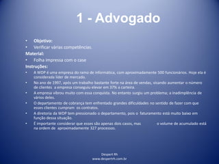 Despert Rh
www.despertrh.com.br
1 - Advogado
• Objetivo:
• Verificar várias competências.
Material:
• Folha impressa com o case
Instruções:
• A WDP é uma empresa do ramo de informática, com aproximadamente 500 funcionários. Hoje ela é
considerada líder de mercado.
• No ano de 1997, após um trabalho bastante forte na área de vendas, visando aumentar o número
de clientes a empresa conseguiu elevar em 37% a carteira.
• A empresa vibrou muito com essa conquista. No entanto surgiu um problema; a inadimplência de
vários deles.
• O departamento de cobrança tem enfrentado grandes dificuldades no sentido de fazer com que
esses clientes cumpram os contratos.
• A diretoria da WDP tem pressionado o departamento, pois o faturamento está muito baixo em
função dessa situação.
• É importante considerar que esses são apenas dois casos, mas o volume de acumulado está
na ordem de aproximadamente 327 processos.
 