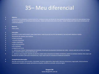 Despert RH
www.despertrh.com.br
35– Meu diferencial
 Objetivo:
 ATRAVÉS DESTA DINAMICA, O GRUPOREFLETE O PORQUE CADA UM REAGE DE UMA MANEIRA DIFERENTE DIANTE DE UMA MESMA COISA,
TRABALHA TAMBÉM AS DIFERENÇAS INDIVIDUAIS, COMO ENTENDER MELHORO OUTRO, COMO TRABALHAR COM ESSAS DIFERENÇAS DE
COMPORTAMENTO.
 Material:
 Folha sulfite
 Instruções:
 DISTRIBUI A CADA PARTICIPANTE UMA CANETINHA E UMA FOLHA DE SULFITE EM BRANCO E DA SEGUINTE ORDEMA TODOS:
 DESENHARUM ANIMAL QUE POSSUA:
  PORTE ELEVADO
  OLHOS PEQUENOS
  RABO COMPRIDO
  ORELHAS SALIENTES
  PÉS ENORMES
  COBERTO DE PELOS
 2 – DEPOIS QUE TODOS TERMINAREMDE DESENHAR, PEDIR QUE COLOQUEM O DESENHO NO CHÃO, UM AO LADO DO OUTRO, DE FORMA
QUE O GRUPO POSSA VIASUALIZARCADA UM
 3 – DEPOIS O FACILITADOR MOSTRA AO GRUPO, COMO CADA UM REAGE DE FORMA DIFERENTE, DIANTE DA MESMA ORDEM, POIS CADA UM
REGAGEDE ACORDO COM SUAS EXPERIÊNCIAS,E QUE CADA UM VÊ O MUNDO DE MANEIRA DIFERENTE
 Competênciasobservadas:
 Atenção concentrada, Comunicação, criatividade,iniciativa,julgamento, observação, liderança, dinamismo,negociação, relacionamento
interpessoal, trabalho em equipe, persistência, empatia, resistência a pressão, raciocíniológico
 