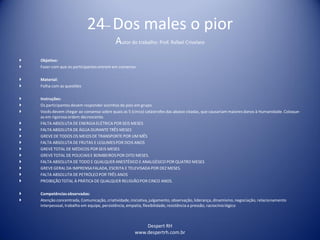 Despert RH
www.despertrh.com.br
24– Dos males o pior
Autor do trabalho: Prof. Rafael Crivelaro
 Objetivo:
 Fazer com que os participantes entrem em consenso.
 Material:
 Folha com as questões
 Instruções:
 Os participantes devem responder sozinhos de pois em grupo.
 Vocês devem chegar ao consenso sobre quais as 5 (cinco) catástrofes das abaixo citadas, que causariam maiores danos à Humanidade. Coloque-
as em rigorosa ordem decrescente.
 FALTA ABSOLUTA DE ENERGIAELÉTRICA POR SEIS MESES
 FALTA ABSOLUTA DE ÁGUA DURANTE TRÊS MESES
 GREVE DE TODOS OS MEIOS DE TRANSPORTE POR UM MÊS
 FALTA ABSOLUTA DE FRUTAS E LEGUMESPOR DOIS ANOS
 GREVE TOTAL DE MÉDICOS POR SEIS MESES
 GREVE TOTAL DE POLICIAIS E BOMBEIROSPOR OITO MESES.
 FALTA ABSOLUTA DE TODO E QUALQUER ANESTÉSICO E ANALGÉSICO POR QUATRO MESES
 GREVE GERAL DA IMPRENSAFALADA, ESCRITA E TELEVISADA POR DEZ MESES.
 FALTA ABSOLUTA DE PETRÓLEOPOR TRÊS ANOS
 PROIBIÇÃOTOTAL À PRÁTICA DE QUALQUER RELIGIÃOPOR CINCO ANOS.
 Competênciasobservadas:
 Atenção concentrada, Comunicação, criatividade,iniciativa,julgamento, observação, liderança, dinamismo,negociação, relacionamento
interpessoal, trabalho em equipe, persistência, empatia, flexibilidade,resistência a pressão, raciocíniológico
 
