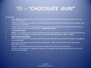 Despert Rh
www.despertrh.com.br
10 – “CHOCOLATE GURI”
Orientações:
• A Cia. Bourbon, estabelecida há dez anos no mercado brasileiro de produtos alimentícios, atua no
ramo de chocolates.
• Utiliza-se de avançada tecnologia na industrialização de seus produtos e goza de ótimo prestígio junto
ao mercado consumidor.
• Empenhada em aumentar sua participação no mercado que atualmente é de 40% na área do Rio de
Janeiro, está lançando seu novo produto: "CHOCOLATE GURI".
• "CHOCOLATE GURI"
• GURI é um chocolate leve, crocante, apetitoso e com ótimo aspecto. Seu sabor é predominantemente
amargo. Suas embalagens são resistentes e laminadas podendo possuir 30gr. ou 100gr.
• Informações Importantes:
• Para o novo lançamento será feita grande Campanha Publicitária que incluirá promoções, propaganda
e merchandising.
• Seu preço é 10% superior aos chocolates já existentes , tanto da concorrência como dos demais
fabricados pela Cia.
• Utiliza-se a distribuição própria, sendo que as visitas são semanais e/ou quinzenais.
• Foi feito um teste piloto na cidade de Campinas e em apenas dois meses já encontra-se entre as 10
marcas mais vendidas.
 
