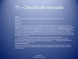 Despert Rh
www.despertrh.com.br
11 – Desafio de mercado
• Objetivo:
• Verificar negociação, criatividade, liderança, trabalho de equipe, determinação, comunicação.
• Material:
• papel e caneta.
• Instruções:
• Você e sua equipe acabaram de assumir uma função de extrema importância na área de vendas da empresa
"NAVON". Esta empresa dedica-se ao ramo de produtos de beleza e cosméticos para mulheres de todas as faixas
e classes sociais. Sua empresa possui 60% do mercado e sua concorrente direta é a BELEZA & CIA. que possui
35% do mercado. As demais concorrentes são pouco expressivas e totalizam os 5% restantes. A "NAVON" possui
um total de 13 produtos enquanto a BELEZA & CIA., tem atualmente 08 produtos. Dentre estes produtos da
concorrência,o sabonete líquido Xantium, vem incomodando bastante.Sua participação de mercado elevou de
4% para 8% no último ano, nas regiões de melhor poder aquisitivo, embora não seja um produto caro (preço final
de R$ 6,00 - vidro de 80ml).
• Como aumentar a participação de mercado em uma empresa líder em seu segmento?
• Monte uma estratégia de combate ao crescimento da concorrência, visando alguns aspectos descritos
abaixo:CampanhasPublicitárias; Canais de vendas; Nicho de mercado; Equipe de vendas; Política de
Preços; Marketing de Relacionamento.
• Competências observadas:
• Atenção concentrada, Comunicação, criatividade, iniciativa, julgamento, observação, liderança, dinamismo,
negociação, relacionamento interpessoal, trabalho em equipe, persistência, empatia, resistência a pressão,
raciocínio lógico
 