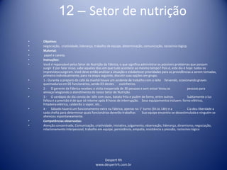 Despert Rh
www.despertrh.com.br
12 – Setor de nutrição
• Objetivo:
• negociação, criatividade, liderança, trabalho de equipe, determinação, comunicação, raciocínio lógicp.
• Material:
• papel e caneta.
• Instruções:
• Você é reponsável pelos Setor de Nutrição da Fábrica, o que significa administrar os possíveis problemas que possam
surgir. E por falar nisso, sabe aqueles dias em que tudo acontece ao mesmo tempo? Pois é, este dia é hoje: todos os
imprevistos surgiram. Você deve então analizar a situação e estabelecer prioridades para as providências a serem tomadas,
primeiro individualmente,para na etapa seguinte, discutir suas opções em grupo.
• 1 - Durante o preparo do café da manhã houve um acidente de trabalho com o leite fervendo, ocasionando graves
queimaduras em 05 funcionários, sendo 03 destes cozinheiros.
• 2 - O gerente da Fábrica recebeu a visita inesperada de 30 pessoas e sem avisar levou as pessoas para
almoçar elogiando o atendimento do nosso Setor de Nutrição.
• 3 - O cardápio do dia consta de: bife com ovos, batata frita e pudim de forno, entre outros. Subtamente a luz
faltou e a previsão é de que só retorne após 8 horas de interrupção. Seus equipamentos incluem: forno elétrico,
fritadeira elétrica, caldeirão à vapor, etc...
• 4 - Sábado haverá um funcionamento extra na Fábrica, apenas no 1° turno (5h às 14h) e a Cia deu liberdade a
cada chefia para determinar quais funcionários deverão trabalhar. Sua equipe encontra-se desestimulada e ninguém se
ofereceu espontaneamente.
• Competências observadas:
• Atenção concentrada, Comunicação, criatividade, iniciativa, julgamento, observação, liderança, dinamismo, negociação,
relacionamento interpessoal, trabalho em equipe, persistência, empatia, resistência a pressão, raciocínio lógico
 