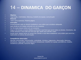 Despert Rh
www.despertrh.com.br
14 – DINAMICA DO GARÇON
• Objetivo:
• negociação, criatividade, liderança, trabalho de equipe, comunicação
• Material:
• texto com as pessoas. Próxima página.
• Instruções:
• Primeiramente cada um deverá estabelecer uma ordem que considere adequada.
• Após divide-se em duplas entrando em um consenso.
• Por fim todos devem entrar em um consenso.
• Daqui a 10 minutos o Centro Médico vai fechar e você terá que servir todos os clientes. Entretanto, são
muitas pessoas e você sabe que terá que agir rápido para atender todos.
• Sendo assim, abaixo temos os nomes dos clientes e você deve estabelecer uma ordem para serví-los ,
explicando os motivos da priorização.
• Competências observadas:
• Atenção concentrada, Comunicação, criatividade, iniciativa, julgamento, observação, liderança,
dinamismo, negociação, relacionamento interpessoal, trabalho em equipe, persistência, empatia,
resistência a pressão, raciocínio lógico
 