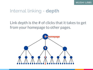 Internal linking - depth
Link depth is the # of clicks that it takes to get
from your homepage to other pages.
 