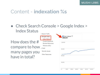 Content - indexation %s
How does the #
compare to how
many pages you
have in total?
● Check Search Console > Google Index ...