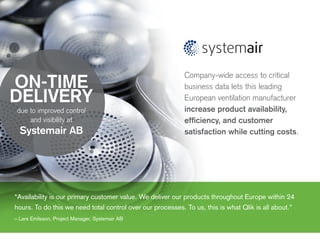 ON-TIME
DELIVERY
due to improved control
and visibility at
Systemair AB
“Availability is our primary customer value. We de...