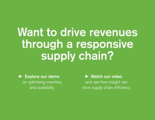 Explore our demo
on optimizing inventory
and availability
Watch our video
and see how insight can
drive supply chain effic...