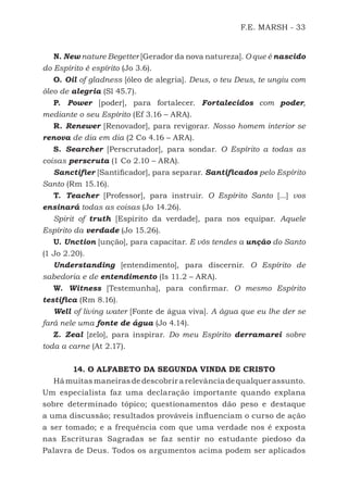 F.E. MARSH - 33
N. New nature Begetter [Gerador da nova natureza]. O que é nascido
do Espírito é espírito (Jo 3.6).
O. Oil of gladness [óleo de alegria]. Deus, o teu Deus, te ungiu com
óleo de alegria (Sl 45.7).
P. Power [poder], para fortalecer. Fortalecidos com poder,
mediante o seu Espírito (Ef 3.16 – ARA).
R. Renewer [Renovador], para revigorar. Nosso homem interior se
renova de dia em dia (2 Co 4.16 – ARA).
S. Searcher [Perscrutador], para sondar. O Espírito a todas as
coisas perscruta (1 Co 2.10 – ARA).
Sanctifier [Santificador], para separar. Santificados pelo Espírito
Santo (Rm 15.16).
T. Teacher [Professor], para instruir. O Espírito Santo [...] vos
ensinará todas as coisas (Jo 14.26).
Spirit of truth [Espírito da verdade], para nos equipar. Aquele
Espírito da verdade (Jo 15.26).
U. Unction [unção], para capacitar. E vós tendes a unção do Santo
(1 Jo 2.20).
Understanding [entendimento], para discernir. O Espírito de
sabedoria e de entendimento (Is 11.2 – ARA).
W. Witness [Testemunha], para confirmar. O mesmo Espírito
testifica (Rm 8.16).
Well of living water [Fonte de água viva]. A água que eu lhe der se
fará nele uma fonte de água (Jo 4.14).
Z. Zeal [zelo], para inspirar. Do meu Espírito derramarei sobre
toda a carne (At 2.17).
14. O ALFABETO DA SEGUNDA VINDA DE CRISTO
Hámuitasmaneirasdedescobrirarelevânciadequalquerassunto.
Um especialista faz uma declaração importante quando explana
sobre determinado tópico; questionamentos dão peso e destaque
a uma discussão; resultados prováveis influenciam o curso de ação
a ser tomado; e a frequência com que uma verdade nos é exposta
nas Escrituras Sagradas se faz sentir no estudante piedoso da
Palavra de Deus. Todos os argumentos acima podem ser aplicados
500 Estudos Bíblicos - MARSH.indd 33 08/09/2016 10:31:42
 