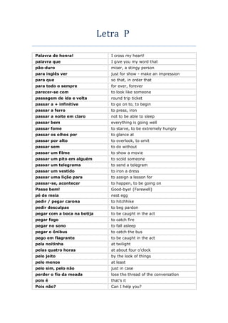Letra P
Palavra de honra! I cross my heart!
palavra que I give you my word that
pão-duro miser, a stingy person
para inglês ver just for show - make an impression
para que so that, in order that
para todo o sempre for ever, forever
parecer-se com to look like someone
passagem de ida e volta round trip ticket
passar a + infinitive to go on to, to begin
passar a ferro to press, iron
passar a noite em claro not to be able to sleep
passar bem everything is going well
passar fome to starve, to be extremely hungry
passar os olhos por to glance at
passar por alto to overlook, to omit
passar sem to do without
passar um filme to show a movie
passar um pito em alguém to scold someone
passar um telegrama to send a telegram
passar um vestido to iron a dress
passar uma lição para to assign a lesson for
passar-se, acontecer to happen, to be going on
Passe bem! Good-bye! (Farewell)
pé de meia nest egg
pedir / pegar carona to hitchhike
pedir desculpas to beg pardon
pegar com a boca na botija to be caught in the act
pegar fogo to catch fire
pegar no sono to fall asleep
pegar o ônibus to catch the bus
pego em flagrante to be caught in the act
pela noitinha at twilight
pelas quatro horas at about four o’clock
pelo jeito by the look of things
pelo menos at least
pelo sim, pelo não just in case
perder o fio da meada lose the thread of the conversation
pois é that’s it
Pois não? Can I help you?
 