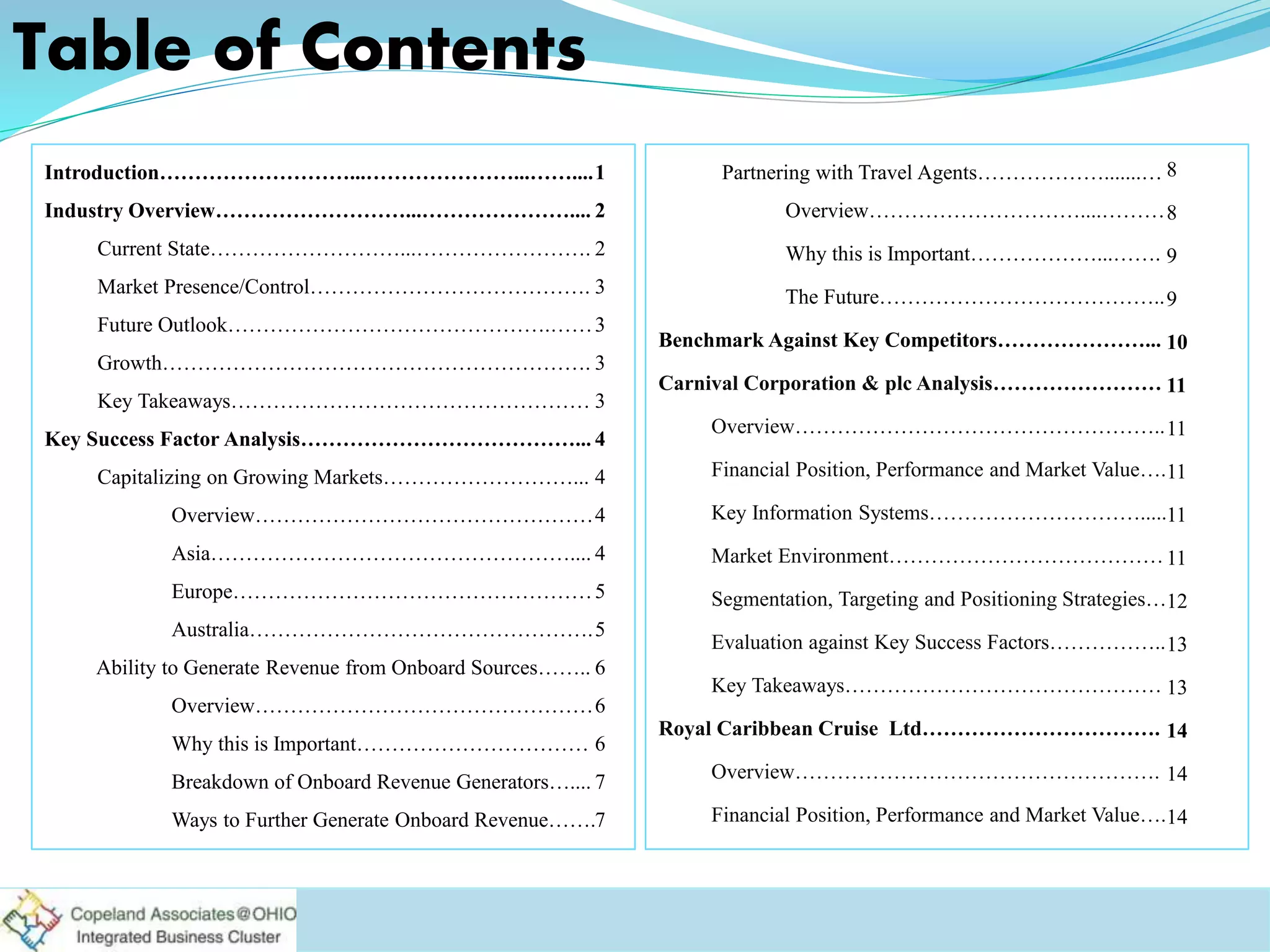 Table of Contents
Partnering with Travel Agents……………….......…
Overview…………………………....………
Why this is Important………………...…….
The Future…………………………………..
Benchmark Against Key Competitors…………………...
Carnival Corporation & plc Analysis……………………
Overview……………………………………………..
Financial Position, Performance and Market Value….
Key Information Systems………………………….....
Market Environment…………………………………
Segmentation, Targeting and Positioning Strategies…
Evaluation against Key Success Factors……………..
Key Takeaways………………………………………
Royal Caribbean Cruise Ltd…………………………….
Overview…………………………………………….
Financial Position, Performance and Market Value….
Introduction………………………...…………………...……....
Industry Overview………………………...…………………....
Current State………………………...…………………….
Market Presence/Control………………………………….
Future Outlook……………………………………….……
Growth…………………………………………………….
Key Takeaways……………………………………………
Key Success Factor Analysis…………………………………...
Capitalizing on Growing Markets………………………...
Overview…………………………………………
Asia……………………………………………....
Europe……………………………………………
Australia………………………………………….
Ability to Generate Revenue from Onboard Sources……..
Overview…………………………………………
Why this is Important……………………………
Breakdown of Onboard Revenue Generators…....
Ways to Further Generate Onboard Revenue…….
1
2
2
3
3
3
3
4
4
4
4
5
5
6
6
6
7
7
8
8
9
9
10
11
11
11
11
11
12
13
13
14
14
14
 