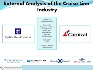 Prepared for:
Copeland Managers
Prepared By:
Copeland Associates:
Rachel Bernstein
Nicole Bick
Evan Harcourt
Xin Qian
David Rothstein
Cohort 107
Team 6
College of Business
Ohio University
External Analysis of the Cruise Line
Industry
 