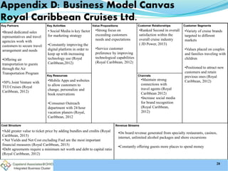 •Variety of cruise brands
targeted to different
markets
•Values placed on couples
and families traveling with
children
•Positioned to attract new
customers and retain
previous ones (Royal
Caribbean, 2012)
•Ranked Second in overall
satisfaction within the
overall cruise industry
( JD Power, 2013)
•Maintain strong
connections with
travel agents (Royal
Caribbean 2012)
•Increase social media
for brand recognition
(Royal Caribbean,
2012)
•Strong focus on
exceeding customers
needs and expectations
•Service customer
preference by improving
technological capabilities
(Royal Caribbean, 2012)
•Add greater value to ticket price by adding bundles and credits (Royal
Caribbean, 2015)
• Net Yields and Net Cost excluding Fuel are the most important
financial measures (Royal Caribbean, 2015)
•Debt agreements require a minimum net worth and debt to capital ratio
(Royal Caribbean, 2012)
•Mobile Apps and websites
to allow customers to
change, personalize and
book reservations
•Consumer Outreach
department with 24 hour
vacation planers (Royal,
Caribbean, 2012
•Brand dedicated sales
representatives and travel
agencies work with
customers to secure travel
arrangement and needs
•Offering air
transportation to guests
through the Air
Transportation Program
•50% Joint Venture with
TUI Cruises (Royal
Caribbean, 2012)
• Social Media is key factor
for marketing strategy
•Constantly improving the
digital platform in order to
keep up with increasing
technology use (Royal
Caribbean,2012)
•On board revenue generated from specialty restaurants, casinos,
internet, unlimited alcohol packages and shore excursions
•Constantly offering guests more places to spend money
Appendix D: Business Model Canvas
Royal Caribbean Cruises Ltd.
28
 