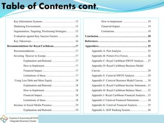 Table of Contents cont.
Key Information Systems………………………………
Marketing Environment………………………………...
Segmentation, Targeting, Positioning Strategies……….
Evaluation against Key Success Factors………………..
Key Takeaways…………………………………………
Recommendations for Royal Caribbean…………………....
Recommendations………………………………………
Investing Heavier in Europe…………………………...
Explanation and Rational……………………...
How to Implement…………………………….
Financial Impact………………………………
Limitations of these…………………………...
Using Less Debt and More Equity ……………………
Explanation and Rational……………………..
How to Implement…………………………….
Financial Impact………………………………
Limitations of these…………………………...
Increase in Social Media Presence……………………..
Explanation and Rational……………………...
How to Implement……………………….
Financial Impact…………………………
Limitations……………………………….
Conclusion………………………………………………
References………………………………………………
Appendices……………………………………………...
Appendix A: Pest Analysis……………..…………
Appendix B: Porters Five Forces……..…………..
Appendix C: Royal Caribbean SWOT Analysis..…
Appendix D: Royal Caribbean Business Model
Canvas……….........................................................
Appendix E: Carnival SWOT Analysis……....……
Appendix F: Carnival Business Model Canvas…...
Appendix G: Royal Caribbean Income Statement...
Appendix H: Royal Caribbean Balance Sheet….…
Appendix I: Royal Caribbean Financial Analysis....
Appendix J: Carnival Financial Statements……….
Appendix K: Carnival Financial Analysis…..…….
Appendix L: KSF Ranking System………………..
15
15
15
16
16
17
17
17
17
17
17
17
18
18
18
18
18
19
19
19
19
19
20
21
25
25
26
27
28
29
30
31
32
33
34
35
36
 