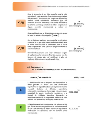 Diagnóstico y Tratamiento de la Restricción del Crecimiento Intrauterino
25
Ante la presencia de un feto pequeño para la edad
gestacional, especialmente si se encuentra por debajo
del percentil 5 de acuerdo con rangos de referencia y
además existe anormalidad estructural y/o son
normales el líquido amniótico y las formas de onda de
las arterias uterinas y umbilical se deberá sospechar de
alguna anomalía cromosómica y actuar en
consecuencia.
Otra posibilidad que se deberá descartar en este grupo
de fetos es la infección congénita. (
(
(
(Tabla 3
Tabla 3
Tabla 3
Tabla 3)
)
)
)
D
D
D
D
(E. Shekelle)
(E. Shekelle)
(E. Shekelle)
(E. Shekelle)
Consenso de grupo
De no haberse realizado una ecografía en el primer
trimestre de la gestación, se recomienda realizarla ante
el primer contacto con la embarazada con el fin de
tener un parámetro basal y evaluar longitudinalmente el
crecimiento fetal.
Deberá individualizarse cada caso y establecer un plan
de vigilancia del crecimiento fetal de acuerdo con los
factores de riesgo, para así establecer el plan de
vigilancia del crecimiento acorde a cada feto.
D
D
D
D
(E. Shekelle)
(E. Shekelle)
(E. Shekelle)
(E. Shekelle)
Consenso de grupo
4.4 Tratamiento
4.4 Tratamiento
4.4 Tratamiento
4.4 Tratamiento
4.4.1 Tratamiento farmacológico y reanimación inicial.
4.4.1 Tratamiento farmacológico y reanimación inicial.
4.4.1 Tratamiento farmacológico y reanimación inicial.
4.4.1 Tratamiento farmacológico y reanimación inicial.
Evidencia / Recomendación
Evidencia / Recomendación
Evidencia / Recomendación
Evidencia / Recomendación Nivel / Grado
Nivel / Grado
Nivel / Grado
Nivel / Grado
La administración de un esquema de esteroides en la
etapa prenatal se asocia con una disminución
significativa en la posibilidad de que se presente muerte
neonatal, síndrome de dificultad respiratoria,
enterocolitis necrotizante, hemorragia interventricular,
necesidad de apoyo ventilatorio, admisiones a la
Unidad de Cuidados Intensivos Neonatales e
infecciones sistémicas en las primeras 48 horas de vida.
Además han demostrado ser seguros para la Madre.
I
I
I
I++
++
++
++
RCOG, 2010
En aquellos casos con trastornos del crecimiento fetal y
que existe la cualquier posibilidad de nacimiento entre
las 24 y 34 semanas, se deberá indicar un esquema de
maduración con esteroides entre las semanas antes
mencionadas.
A
A
A
A
RCOG, 2010
/R
/R
/R
/R
E
E
E
E
R
R
R
R
/R
/R
/R
/R
 