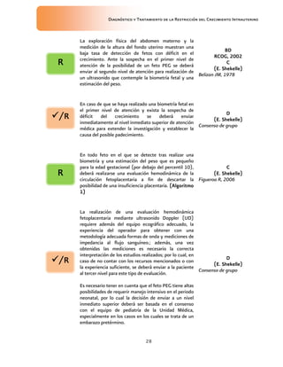 Diagnóstico y Tratamiento de la Restricción del Crecimiento Intrauterino
28
La exploración física del abdomen materno y la
medición de la altura del fondo uterino muestran una
baja tasa de detección de fetos con déficit en el
crecimiento. Ante la sospecha en el primer nivel de
atención de la posibilidad de un feto PEG se deberá
enviar al segundo nivel de atención para realización de
un ultrasonido que contemple la biometría fetal y una
estimación del peso.
BD
BD
BD
BD
RCOG, 2002
RCOG, 2002
RCOG, 2002
RCOG, 2002
C
C
C
C
(E. Shekelle)
(E. Shekelle)
(E. Shekelle)
(E. Shekelle)
Belizan JM, 1978
En caso de que se haya realizado una biometría fetal en
el primer nivel de atención y exista la sospecha de
déficit del crecimiento se deberá enviar
inmediatamente al nivel inmediato superior de atención
médica para extender la investigación y establecer la
causa del posible padecimiento.
D
D
D
D
(E. Shekelle)
(E. Shekelle)
(E. Shekelle)
(E. Shekelle)
Consenso de grupo
En todo feto en el que se detecte tras realizar una
biometría y una estimación del peso que es pequeño
para la edad gestacional (por debajo del percentil 10),
deberá realizarse una evaluación hemodinámica de la
circulación fetoplacentaria a fin de descartar la
posibilidad de una insuficiencia placentaria. (Algoritmo
(Algoritmo
(Algoritmo
(Algoritmo
1)
1)
1)
1)
C
C
C
C
(E. Shekelle)
(E. Shekelle)
(E. Shekelle)
(E. Shekelle)
Figueroa R, 2006
La realización de una evaluación hemodinámica
fetoplacentaria mediante ultrasonido Doppler (UD)
requiere además del equipo ecográfico adecuado, la
experiencia del operador para obtener con una
metodología adecuada formas de onda y mediciones de
impedancia al flujo sanguíneo.; además, una vez
obtenidas las mediciones es necesario la correcta
interpretación de los estudios realizados; por lo cual, en
caso de no contar con los recursos mencionados o con
la experiencia suficiente, se deberá enviar a la paciente
al tercer nivel para este tipo de evaluación.
Es necesario tener en cuenta que el feto PEG tiene altas
posibilidades de requerir manejo intensivo en el periodo
neonatal, por lo cual la decisión de enviar a un nivel
inmediato superior deberá ser basada en el consenso
con el equipo de pediatría de la Unidad Médica,
especialmente en los casos en los cuales se trata de un
embarazo pretérmino.
D
D
D
D
(E. Shekelle)
(E. Shekelle)
(E. Shekelle)
(E. Shekelle)
Consenso de grupo
R
R
R
R
/R
/R
/R
/R
R
R
R
R
/R
/R
/R
/R
 