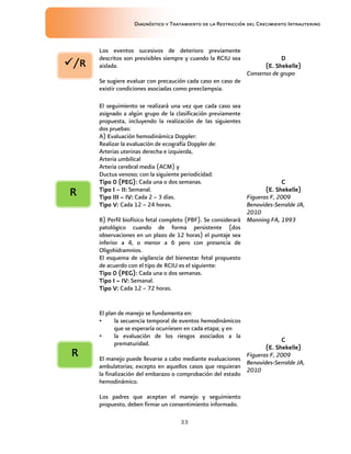 Diagnóstico y Tratamiento de la Restricción del Crecimiento Intrauterino
33
Los eventos sucesivos de deterioro previamente
descritos son previsibles siempre y cuando la RCIU sea
aislada.
Se sugiere evaluar con precaución cada caso en caso de
existir condiciones asociadas como preeclampsia.
D
D
D
D
(E. Shekelle)
(E. Shekelle)
(E. Shekelle)
(E. Shekelle)
Consenso de grupo
El seguimiento se realizará una vez que cada caso sea
asignado a algún grupo de la clasificación previamente
propuesta, incluyendo la realización de las siguientes
dos pruebas:
A) Evaluación hemodinámica Doppler:
Realizar la evaluación de ecografía Doppler de:
Arterias uterinas derecha e izquierda,
Arteria umbilical
Arteria cerebral media (ACM) y
Ductus venoso; con la siguiente periodicidad:
Tipo 0 (PEG):
Tipo 0 (PEG):
Tipo 0 (PEG):
Tipo 0 (PEG): Cada una o dos semanas.
Tipo I
Tipo I
Tipo I
Tipo I –
–
–
– II:
II:
II:
II: Semanal.
Tipo III
Tipo III
Tipo III
Tipo III –
–
–
– IV:
IV:
IV:
IV: Cada 2 – 3 días.
Tipo V:
Tipo V:
Tipo V:
Tipo V: Cada 12 – 24 horas.
B) Perfil biofísico fetal completo (PBF). Se considerará
patológico cuando de forma persistente (dos
observaciones en un plazo de 12 horas) el puntaje sea
inferior a 4, o menor a 6 pero con presencia de
Oligohidramnios.
El esquema de vigilancia del bienestar fetal propuesto
de acuerdo con el tipo de RCIU es el siguiente:
Tipo 0 (PEG):
Tipo 0 (PEG):
Tipo 0 (PEG):
Tipo 0 (PEG): Cada una o dos semanas.
Tipo I
Tipo I
Tipo I
Tipo I –
–
–
– IV:
IV:
IV:
IV: Semanal.
Tipo V:
Tipo V:
Tipo V:
Tipo V: Cada 12 – 72 horas.
C
C
C
C
(E. Shekelle)
(E. Shekelle)
(E. Shekelle)
(E. Shekelle)
Figueras F, 2009
Benavides-Serralde JA,
2010
Manning FA, 1993
El plan de manejo se fundamenta en:
• la secuencia temporal de eventos hemodinámicos
que se esperaría ocurriesen en cada etapa; y en
• la evaluación de los riesgos asociados a la
prematuridad.
El manejo puede llevarse a cabo mediante evaluaciones
ambulatorias; excepto en aquellos casos que requieran
la finalización del embarazo o comprobación del estado
hemodinámico.
Los padres que aceptan el manejo y seguimiento
propuesto, deben firmar un consentimiento informado.
C
C
C
C
(E. Shekelle)
(E. Shekelle)
(E. Shekelle)
(E. Shekelle)
Figueras F, 2009
Benavides-Serralde JA,
2010
/R
/R
/R
/R
R
R
R
R
R
R
R
R
 