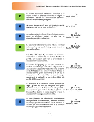 Diagnóstico y Tratamiento de la Restricción del Crecimiento Intrauterino
35
Si existen condiciones obstétricas adecuadas y se
decide finalizar el embarazo mediante vía vaginal se
recomienda realizar una monitorización electrónica
continua durante el trabajo de parto.
CE
CE
CE
CE
RCOG, 2002
No existe evidencia suficiente que justifique realizar
una cesárea electiva en todos los fetos PEG.
Ia
Ia
Ia
Ia
RCOG, 2002
La edad gestacional y el peso al nacimiento permanecen
como los principales factores asociados con un
desarrollo neurológico subóptimo.
III
III
III
III
(E. Shekelle)
(E. Shekelle)
(E. Shekelle)
(E. Shekelle)
Baschat AA, 2009
Se recomienda intentar prolongar al máximo posible el
embarazo siempre y cuando el riesgo para el binomio no
supere al beneficio.
C
C
C
C
(E. Shekelle)
(E. Shekelle)
(E. Shekelle)
(E. Shekelle)
Baschat AA, 2009
Los fetos PEG (tipo 0)
(tipo 0)
(tipo 0)
(tipo 0) muestran un incremento
significativo en nacimiento por cesárea debido a la
pérdida del bienestar fetal y en la presentación de
acidosis en el periodo neonatal.
En los fetos PEG (tipo 0)
(tipo 0)
(tipo 0)
(tipo 0) que presentan vasodilatación
cerebral, demostrado por un IP debajo del percentil 5 de
acuerdo con rangos de referencia en la forma de la onda
de la ACM se asocia con un incremento en el riesgo de
acidosis neonatal (razón de momios de 9; OR: 9), un
incremento en la probabilidad de nacimiento por
cesárea y de la realización de una cesárea debido a la
pérdida del bienestar fetal.
III
III
III
III
(E. Shekelle)
(E. Shekelle)
(E. Shekelle)
(E. Shekelle)
Cruz-Martinez R, 2011
La evaluación de la circulación cerebral en fetos PEG
(tipo 0)
(tipo 0)
(tipo 0)
(tipo 0) antes del inicio del trabajo de parto podría
identificar a un grupo de fetos con una alta posibilidad
de nacimiento por cesárea debido a pérdida del
bienestar fetal durante el trabajo de parto o riesgo de
acidosis en el periodo postnatal inmediato.
C
C
C
C
(E. Shekelle)
(E. Shekelle)
(E. Shekelle)
(E. Shekelle)
Cruz-Martinez R, 2011
En fetos con RCIU que predominante presentan flujo
retrogrado en el istmo aórtico (IA) presentan desarrollo
neurológico postnatal subóptimo; por el contrario, en
aquellos con forma de onda normal del IA, el desarrollo
neurológico y psicomotor es normal.
II
II
II
III
I
I
I
(E. Shekelle)
(E. Shekelle)
(E. Shekelle)
(E. Shekelle)
Fouron JC, 2001
R
R
R
R
E
E
E
E
E
E
E
E
R
R
R
R
E
E
E
E
E
E
E
E
R
R
R
R
 