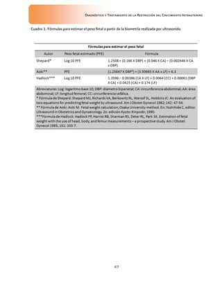 Diagnóstico y Tratamiento de la Restricción del Crecimiento Intrauterino
47
Cuadro 1. Fórmulas para estimar el peso fetal a partir de la biometría realizada por ultrasonido.
 