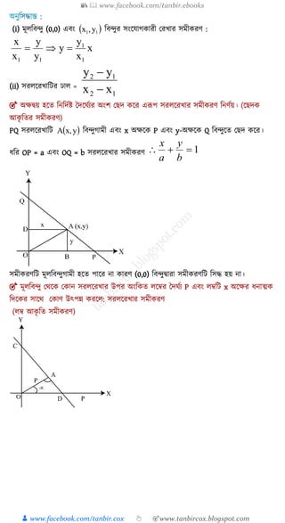 📚  www.facebook.com/tanbir.ebooks
👦 www.facebook.com/tanbir.cox 👆 🎯www.tanbircox.blogspot.com
(i) মূেশিন্দু (0,0) এিং  11 y,x শিন্দুর সংকযাগোরী যরখ্ার সমীেরণ :
x
x
y
y
y
y
x
x
1
1
11

(ii) সরেকরখ্াশির ঢাে =
12
12
xx
yy


🎯 অক্ষদ্বয় হকে শনশদযি তদকঘযযর অংি য দ েকর এরূপ সরেকরখ্ার সমীেরণ শনণযয়। (ক দে
আেৃ শের সমীেরণ)
PQ সরেকরখ্াশি  y,xA শিন্দুগামী এিং x অক্ষকে P এিং y-অক্ষকে Q শিন্দুকে য দ েকর।
যশর OP = a এিং OQ = b সরেকরখ্ার সমীেরণ 1
b
y
a
x
সমীেরণশি মূেশিন্দুগামী হকে পাকর না োরণ (0,0) শিন্দুদ্বারা সমীেরণশি শসদ্ধ হয় না।
🎯 মূেশিন্দু যথকে যোন সরেকরখ্ার উপর অংশেে েকের তদঘযয P এিং েেশি x অকক্ষর যনাত্মে
শদকের সাকথ যোণ উৎপন্ন েরকে: সরেকরখ্ার সমীেরণ
(েে আেৃ শে সমীেরণ)
 