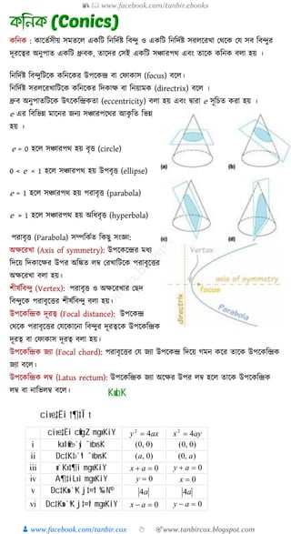📚  www.facebook.com/tanbir.ebooks
👦 www.facebook.com/tanbir.cox 👆 🎯www.tanbircox.blogspot.com
েশনে : োকেযসীয় সমেকে এেশি শনশদযি শিন্দু ও এেশি শনশদযি সরেকরখ্া যথকে যয সি শিন্দুর
দূরকত্বর অনুপাে এেশি ধ্রুিে, োকদর যসই এেশি সঞ্চারপথ এিং োকে েশনে িো হয় ।
শনশদযি শিন্দুশিকে েশনকের উপকেন্দ্র িা যফাোস (focus) িকে।
শনশদযি সরেকরখ্াশিকে েশনকের শদোক্ষ িা শনয়ামে (directrix) িকে ।
ধ্রুি অনুপােশিকে উৎকেশন্দ্রেো (eccentricity) িো হয় এিং দ্বারা e সূশেে েরা হয় ।
e এর শিশভন্ন মাকনর জ্নয সঞ্চারপকথর আেৃ শে শভন্ন
হয় ।
e = 0 হকে সঞ্চারপথ হয় িৃত্ত (circle)
0 < e < 1 হকে সঞ্চারপথ হয় উপিৃত্ত (ellipse)
e = 1 হকে সঞ্চারপথ হয় পরািৃত্ত (parabola)
e > 1 হকে সঞ্চারপথ হয় অশযিৃত্ত (hyperbola)
পরািৃত্ত (Parabola) সম্পশেযে শে ু সংজ্ঞা:
অক্ষকরখ্া (Axis of symmetry): উপকেকন্দ্রর মযয
শদকয় শদোকক্ষর উপর অশিে েে যরখ্াশিকে পরািৃকত্তর
অক্ষকরখ্া িো হয়।
িীষযশিন্দু (Vertex): পরািৃত্ত ও অক্ষকরখ্ার য দ
শিন্দুকে পরািৃকত্তর িীষযশিন্দু িো হয়।
উপকেশন্দ্রে দূরত্ব (Focal distance): উপকেন্দ্র
যথকে পরািৃকত্তর যযকোকনা শিন্দুর দূরত্বকে উপকেশন্দ্রে
দূরত্ব িা যফাোস দূরত্ব িো হয়।
উপকেশন্দ্রে জ্যা (Focal chord): পরািৃকত্তর যয জ্যা উপকেন্দ্র শদকয় গমন েকর োকে উপকেশন্দ্রে
জ্যা িকে।
উপকেশন্দ্রে েে (Latus rectum): উপকেশন্দ্রে জ্যা অকক্ষর উপর েে হকে োকে উপকেশন্দ্রে
েে িা নাশভেে িকে। KwbK
cive„‡Ëi †¶‡Î t
cive„‡Ëi cÖwgZ mgxKiY axy 42
= ayx 42
=
i kxl©we›`yi ¯’vbvsK )0,0( )0,0(
ii Dc‡K‡›`ªi ¯’vbvsK )0,(a ),0( a
iii w`Kv‡¶i mgxKiY 0=+ ax 0=+ ay
iv A¶‡iLvi mgxKiY 0=y 0=x
v Dc‡Kw›`ªK j‡¤^i ‰`N©¨ a4 a4
vi Dc‡Kw›`ªK j‡¤^i mgxKiY 0=- ax 0=- ay
 