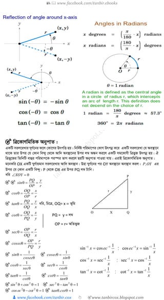 📚  www.facebook.com/tanbir.ebooks
👦 www.facebook.com/tanbir.cox 👆 🎯www.tanbircox.blogspot.com
🎯 wÎ‡KvYwgwZK AbycvZ :
GKwU mij‡iLvi N~Y©‡bi d‡j †Kv‡Yi DrcwË nq| wbw`©ó cwigv‡ci †KvY Drcbœ K‡i GKwU mij‡iLv †h Ae¯’v‡b
_v‡K Zvi Dci †h †Kvb we›`y †_‡K Avw` Ae¯’v‡bi Dci j¤^ A¼b Ki‡j GKwU mg‡KvYx wÎfyR Drcbœ nq| H
wÎfy‡Ri wZwbwU evûi cwigvc‡K ci¯úi fvM Ki‡j QqwU AbycvZ cvIqv hvq| GivB wÎ‡KvYwgwZK AbycvZ|
g‡bKwi OX GKwU NyY©vqgvb mij‡iLvi Avw` Ae¯’vb| Dnv NyY©‡bi ci OY Ae¯’v‡b Ae¯’vb Kij| OY,P Gi
Dci †h †Kvb GKwU we›`y| P †_‡K OX Gi Dci PQ j¤^ Uvwb|
awi θXOY
🎯 🎯
r
y
OP
PQ
sin θ
🎯
r
x
OP
OQ
cos θ
🎯
x
y
OQ
PQ
tan θ awi, wP‡Î, OQ= x = f~wg
🎯
y
x
PQ
OQ
cot θ PQ = y = j¤^
OP = r= AwZfyR
🎯
x
r
OQ
OP
sec θ
🎯
y
r
PQ
OP
eccos θ
🎯
θ
1
θ
eccos
sin  🎯
θ
1
θ
sin
eccos 
🎯
θ
1
θ
sec
cos  🎯
θ
1
θ
cos
sec 
🎯
θ
1
θ
cot
tan  🎯
θ
1
θ
tan
cot 
🎯 1θθ 22
 cossin 🎯 1θθ 22
 tansec
🎯 1θθ 22
 coteccos 🎯 1θθ cot.tan
x
ecx
1
cossin 11 --
= ;
x
xec
1
sincos 11 --
=
x
x
1
seccos 11 --
= ;
x
x
1
cossec 11 --
=
x
x
1
cottan 11 --
= ;
x
x
1
tancot 11 --
=
 