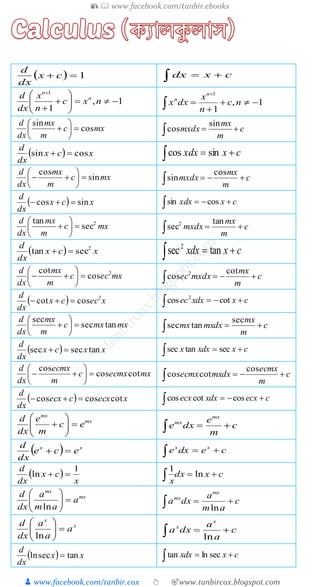 📚  www.facebook.com/tanbir.ebooks
👦 www.facebook.com/tanbir.cox 👆 🎯www.tanbircox.blogspot.com
  1 cx
dx
d
  cxdx
1,
1
1









nxc
n
x
dx
d n
n
1,
1
1




 nc
n
x
dxx
n
n
mxc
m
mx
dx
d
cos
sin






   c
m
mx
mxdx
sin
cos
  xcx
dx
d
cossin    cxxdx sincos
mxc
m
mx
dx
d
sin
cos






 c
m
mx
mxdx 
cos
sin
  xcx
dx
d
sincos    cxxdx cossin
mxc
m
mx
dx
d 2
sec
tan






   c
m
mx
mxdx
tan
sec2
  xcx
dx
d 2
sectan  cxdxx  tansec2
mxecc
m
mx
dx
d 2
cos
cot






 c
m
mx
mxdxec 
cot
cos 2
  xeccx
dx
d 2
coscot  cxdxxec  cotcos 2
mxmxc
m
mx
dx
d
tansec
sec






 c
m
mx
dxmxmx 
sec
tansec
  xxcx
dx
d
tansecsec  cxdxxx  sectansec
mxecmxc
m
ecmx
dx
d
cotcos
cos






 c
m
ecmx
dxmxecmx 
cos
cotcos
  xecxcecx
dx
d
cotcoscos  cecxdxxecx  coscotcos
mx
mx
ec
m
e
dx
d






 c
m
e
dxe
mx
mx

  xx
ece
dx
d
 cedxe xx

 
x
cx
dx
d 1
ln  cxdx
x
 ln
1
mx
mx
a
am
a
dx
d






ln
c
am
a
dxa
mx
mx
 ln
x
x
a
a
a
dx
d






ln
c
a
a
dxa
x
x
 ln
  xx
dx
d
tansecln  cxdxx  seclntan
 