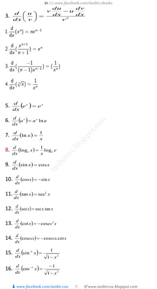 📚  www.facebook.com/tanbir.ebooks
👦 www.facebook.com/tanbir.cox 👆 🎯www.tanbircox.blogspot.com
3. 2
v
dx
dv
u
dx
du
v
v
u
dx
d







5.   xx
ee
dx
d

6.   aaa
dx
d xx
ln
7.  
x
x
dx
d 1
ln 
8.   e
x
x
dx
d
aa log
1
log 
9.   xx
dx
d
cossin 
10.   xx
dx
d
sincos 
11.   xx
dx
d 2
sectan 
12.   xxx
dx
d
tan.secsec 
13.   xecx
dx
d 2
coscot 
14.   xecxecx
dx
d
cot.coscos 
15.   2
1
1
1
sin
x
x
dx
d


16.   2
1
1
1
cos
x
x
dx
d



 
