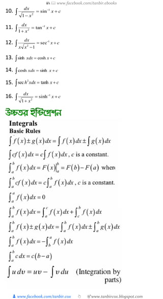 📚  www.facebook.com/tanbir.ebooks
👦 www.facebook.com/tanbir.cox 👆 🎯www.tanbircox.blogspot.com
10.  


cx
x
dx 1
2
sin
1
11.  


cx
x
dx 1
2
tan
1
12.  


cx
xx
dx 1
2
sec
1
13.   cxxdx coshsinh
14.   cxxdx sinhcosh
15.   cxxdxh tanhsec 2
16.  


cx
x
dx 1
2
sinh
1
 