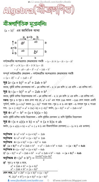 📚  www.facebook.com/tanbir.ebooks
👦 www.facebook.com/tanbir.cox 👆 🎯www.tanbircox.blogspot.com
(a + b)2
এর জযাত্রমত্রত বযাখ্যা
বগুক্ষেিত্রির অংিগুক্ষ ার কেিফক্ষ র িমত্রষ্ট = (a + b) ✕ (a + b) = (a + b)
2
∴ (a + b)2
= a ✕ (a + b) + b ✕ (a + b)
= a2
+ ab + ab + b2
= a2
+ 2ab + b2
িম্পূণু বগুক্ষেিত্রির কেিফ = বগুক্ষেিত্রির অংিগুক্ষ ার কেিফক্ষ র িমত্রষ্ট
∴ (a + b)
2
= a2
+ 2ab + b2
িূি ১। (a + b)2
= a2
+ 2ab + b2
থায়, দুইত্রি রাত্রির কোগফক্ষ র বগু = ১ম রাত্রির বগু + ২ ✕ ১ম রাত্রি ✕ ২য় রাত্রি + ২য় রাত্রির বগু।
িূি ২। (a − b)2
= a2
− 2ab + b2
থায়, দুইত্রি রাত্রির ত্রবক্ষয়াগফক্ষ র বগু = ১ম রাত্রির বগু − ২ ✕ ১ম রাত্রি ✕ ২য় রাত্রি + ২য় রাত্রির বগু।
মন্তবয: িূি ১ ও িূি ২ হক্ষত কদখ্া োয় কে, a2
+ b2
এর িাক্ষথ 2ab অথবা −2ab কোগ রক্ষ এ ত্রি
পূণুবগু, অথুাৎ (a + b)2
অথবা (a − b)2
পাওয়া োয়। িূি ১ এ b এর স্থক্ষ −b বিাক্ষ িূি ২ পাওয়া
োয়: {a + (−b)}2
= a2
+ 2a(−b) + (−b)2
অথুাৎ, (a − b)2
= a2
− 2ab + b2
িূি ৩। a2
− b2
= (a + b)(a − b)
অথুাৎ দুইত্রি রাত্রির বক্ষগুর ত্রবক্ষয়াগফ = রাত্রি দুইত্রির কোগফ ✕ রাত্রি ত্রদুইত্রির ত্রবক্ষয়াগফ
িূি ৪। (x + a)(x + b) = x2
+ (a + b)x + ab
অথুাৎ, (x + a)(x + b) = x2
+ ( a ও b এর বীজগাত্রণত্রত কোগফ ) x + (a ও b এর গুণফ )
অনুত্রিদ্ধান্ত ১। a2
+ b2
= (a + b)2
− 2ab
অনুত্রিদ্ধান্ত ২। a2
+ b2
= (a − b)2
+ 2ab
অনুত্রিদ্ধান্ত ৩। (a + b)2
= (a − b)2
+ 4ab
🎯 (𝐚 + 𝐛) 𝟐
= a2
+ 2ab + b2
= a2
− 2ab + b2
+ 4ab = (𝐚 − 𝐛) 𝟐
+ 𝟒𝐚𝐛
অনুত্রিদ্ধান্ত ৪। (a − b)2
= (a + b)2
− 4ab
🎯 (a − b)2
= a2
− 2ab + b2
= a2
+ 2ab + b2
− 4ab = (𝐚 + 𝐛) 𝟐
− 𝟒𝐚𝐛
অনুত্রিদ্ধান্ত ৫। (a2
+ b2
) =
(a+b)2+(a−b)2
2
🎯 িূি ১ ও িূি ২ হক্ষত,
a2
+ 2ab + b2
= (a + b)2
a2
− 2ab + b2
= (a − b)2
কোগ ক্ষর, 2a2
+ 2b2
= (a + b)2
+ (a − b)2
বা, 2(a2
+ b2
) = (a + b)2
+ (a − b)2
a a+b b
a
a+b
b
a2 ab a
ab
b2 b
a b
 