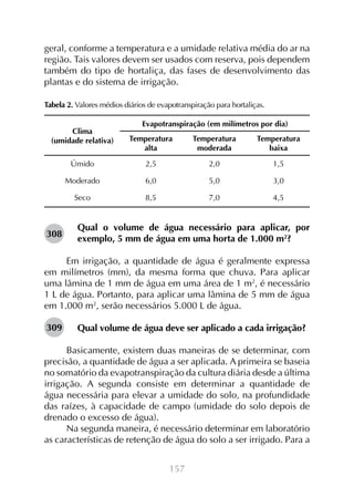 157
geral, conforme a temperatura e a umidade relativa média do ar na
região. Tais valores devem ser usados com reserva, pois dependem
também do tipo de hortaliça, das fases de desenvolvimento das
plantas e do sistema de irrigação.
Tabela 2. Valores médios diários de evapotranspiração para hortaliças.
Qual o volume de água necessário para aplicar, por
exemplo, 5 mm de água em uma horta de 1.000 m2
?
Em irrigação, a quantidade de água é geralmente expressa
em milímetros (mm), da mesma forma que chuva. Para aplicar
uma lâmina de 1 mm de água em uma área de 1 m2
, é necessário
1 L de água. Portanto, para aplicar uma lâmina de 5 mm de água
em 1.000 m2
, serão necessários 5.000 L de água.
Qual volume de água deve ser aplicado a cada irrigação?
Basicamente, existem duas maneiras de se determinar, com
precisão, a quantidade de água a ser aplicada. A primeira se baseia
no somatório da evapotranspiração da cultura diária desde a última
irrigação. A segunda consiste em determinar a quantidade de
água necessária para elevar a umidade do solo, na profundidade
das raízes, à capacidade de campo (umidade do solo depois de
drenado o excesso de água).
Na segunda maneira, é necessário determinar em laboratório
as características de retenção de água do solo a ser irrigado. Para a
308
309
Clima
(umidade relativa)
Evapotranspiração (em milímetros por dia)
Temperatura
alta
Temperatura
moderada
Temperatura
baixa
Úmido 2,5 2,0 1,5
Moderado 6,0 5,0 3,0
Seco 8,5 7,0 4,5
 