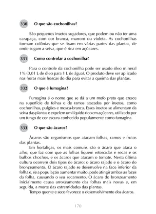 170
O que são cochonilhas?
São pequenos insetos sugadores, que podem ou não ter uma
carapaça, com cor branca, marrom ou violeta. As cochonilhas
formam colônias que se fixam em várias partes das plantas, de
onde sugam a seiva, que é rica em açúcares.
Como controlar a cochonilha?
Para o controle da cochonilha pode ser usado óleo mineral
1% (0,01 L de óleo para 1 L de água). O produto deve ser aplicado
nas horas mais frescas do dia para evitar a queima das plantas.
O que é fumagina?
Fumagina é o nome que se dá a um mofo preto que cresce
na superfície de folhas e de ramos atacados por insetos, como
cochonilhas, pulgões e mosca-branca. Esses insetos se alimentam da
seiva das plantas e expelem um líquido rico em açúcares, utilizado por
um fungo de cor escura conhecido popularmente como fumagina.
O que são ácaros?
Ácaros são organismos que atacam folhas, ramos e frutos
das plantas.
Em hortaliças, os mais comuns são o ácaro que ataca o
alho, que faz com que as folhas fiquem retorcidas e secas e os
bulbos chochos, e os ácaros que atacam o tomate. Nesta última
cultura ocorrem dois tipos de ácaro: o ácaro rajado e o ácaro do
bronzeamento. O ácaro rajado se desenvolve na face inferior da
folha e, se a população aumentar muito, pode atingir ambas as faces
da folha, causando o seu secamento. O ácaro do bronzeamento
inicialmente causa arroxeamento das folhas mais novas e, em
seguida, a morte das extremidades das plantas.
Tempo quente e seco favorece o desenvolvimento dos ácaros.
331
332
333
330
 
