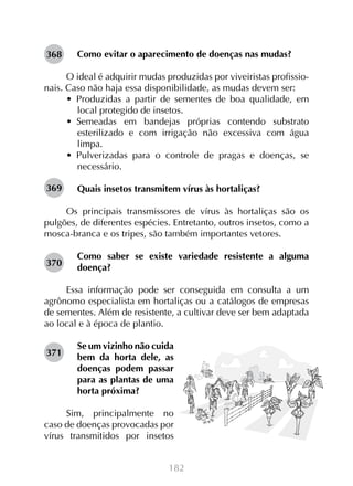 182
Como evitar o aparecimento de doenças nas mudas?
O ideal é adquirir mudas produzidas por viveiristas profissio-
nais. Caso não haja essa disponibilidade, as mudas devem ser:
•  Produzidas a partir de sementes de boa qualidade, em
local protegido de insetos.
•  Semeadas em bandejas próprias contendo substrato
esterilizado e com irrigação não excessiva com água
limpa.
•  Pulverizadas para o controle de pragas e doenças, se
necessário.
Quais insetos transmitem vírus às hortaliças?
Os principais transmissores de vírus às hortaliças são os
pulgões, de diferentes espécies. Entretanto, outros insetos, como a
mosca-branca e os tripes, são também importantes vetores.
Como saber se existe variedade resistente a alguma
doença?
Essa informação pode ser conseguida em consulta a um
agrônomo especialista em hortaliças ou a catálogos de empresas
de sementes. Além de resistente, a cultivar deve ser bem adaptada
ao local e à época de plantio.
Se um vizinho não cuida
bem da horta dele, as
doenças podem passar
para as plantas de uma
horta próxima?
Sim, principalmente no
caso de doenças provocadas por
vírus transmitidos por insetos
368
369
370
371
 