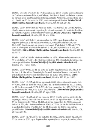 203
BRASIL. Decreto nº 7.830, de 17 de outubro de 2012. Dispõe sobre o Sistema
de Cadastro Ambiental Rural, o Cadastro Ambiental Rural, estabelece normas
de caráter geral aos Programas de Regularização Ambiental, de que trata a Lei
no
12.651, de 25 de maio de 2012, e dá outras providências. Diário Oficial
[da] República Federativa do Brasil, Brasília, DF, 18 out. 2012a.
BRASIL. Lei nº 4.947 de 6 de Abril de 1966. Fixa Normas de Direito Agrário,
dispõe sobre o sistema de organização e funcionamento do Instituto Brasileiro
de Reforma Agrária, e dá outras Providências. Diário Oficial [da] República
Federativa do Brasil, Brasília, DF, 11 abr. 1966.
BRASIL. Lei nº 6.015 de 31 de dezembro de 1973, que dispõe sobre os
registros públicos, e dá outras providências, e republicada no DOU de
16.9.1975 (Suplemento), de acordo com o art. 2º da Lei nº 6.216, de 1975,
com as alterações advindas das Leis nº 6.140, de 28/11/1974 e 6.216, de
30/6/1975. Diário Oficial [da] República Federativa do Brasil, Brasília, DF, 16
set.1975.
BRASIL. Lei nº 6.746 de 10 de dezembro de 1979. Altera o disposto nos arts.
49 e 50 da Lei nº 4.504, de 30 de novembro de 1964 (Estatuto da Terra), e dá
outras providências. Diário Oficial [da] República Federativa do Brasil,
Brasília, DF, 11 dez. 1976.
BRASIL. Lei nº 9.985, de 18 de julho de 2000. Regulamenta o art. 225, § 1o
,
incisos I, II, III e VII da Constituição Federal, institui o Sistema Nacional de
Unidades de Conservação da Natureza e dá outras providências. Diário
Oficial [da] República Federativa do Brasil, Brasília, DF, 19 jul. 2000.
BRASIL. Lei nº 10.267, de 28 de agosto de 2001. Altera dispositivos das Leis
nos
4.947, de 6 de abril de 1966, 5.868, de 12 de dezembro de 1972, 6.015,
de 31 de dezembro de 1973, 6.739, de 5 de dezembro de 1979, 9.393, de 19
de dezembro de 1996, e dá outras providências. Diário Oficial [da] República
Federativa do Brasil, Brasília, DF, 29 ago. 2001.
BRASIL. Lei nº 12.651, de 25 de maio de 2012. Dispõe sobre a proteção da
vegetação nativa; altera as Leis nos
6.938, de 31 de agosto de 1981, 9.393, de
19 de dezembro de 1996, e 11.428, de 22 de dezembro de 2006; revoga as
Leis nos
4.771, de 15 de setembro de 1965, e 7.754, de 14 de abril de 1989, e
a Medida Provisória no
2.166-67, de 24 de agosto de 2001; e dá outras
providências. Diário Oficial [da] República Federativa do Brasil, Brasília, DF,
28 maio 2012b.
BRASIL. Lei nº 12.727, de 17 de outubro de 2012. Altera a Lei no
12.651, de
25 de maio de 2012, que dispõe sobre a proteção da vegetação nativa; altera
 