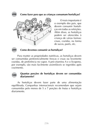 498

Como fazer para que as crianças consumam hortaliças?
O mais importante é
o exemplo dos pais, que
devem consumir hortaliças em todas as refeições.
Além disso, as hortaliças
podem ser oferecidas à
criança de várias formas:
cruas, cozidas, na forma
de sucos, purês, etc.

499

Como devemos consumir as hortaliças?

Para manter as propriedades nutritivas, as hortaliças devem
ser consumidas preferencialmente frescas e cruas ou levemente
cozidas, de preferência no vapor. A pró-vitamina A e o licopeno,
por exemplo, são mais facilmente assimiláveis se ingeridos após
cozimento.
500

Quantas porções de hortaliças devem ser consumidas
diariamente?

As hortaliças devem fazer parte de uma alimentação
equilibrada. Campanhas internacionais recomendam que sejam
consumidas pelo menos de 5 a 7 porções de frutas e hortaliças
diariamente.

236

 