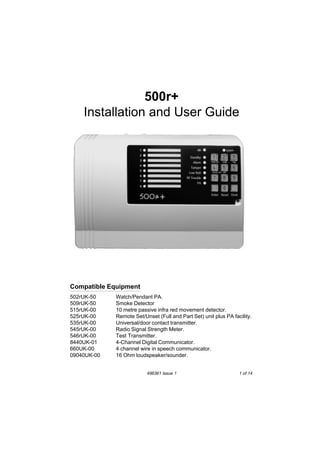 500r+
Installation and User Guide

Compatible Equipment
502rUK-50
509rUK-50
515rUK-00
525rUK-00
535rUK-00
545rUK-00
546rUK-00
8440UK-01
660UK-00
09040UK-00

Watch/Pendant PA.
Smoke Detector
10 metre passive infra red movement detector.
Remote Set/Unset (Full and Part Set) unit plus PA facility.
Universal/door contact transmitter.
Radio Signal Strength Meter.
Test Transmitter.
4-Channel Digital Communicator.
4 channel wire in speech communicator.
16 Ohm loudspeaker/sounder.

496361 Issue 1

1 of 14

 