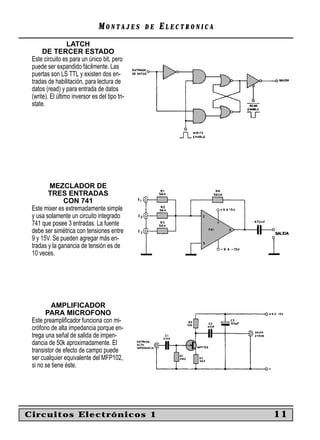 MONTAJES        DE   ELECTRONICA
                  LATCH
      DE TERCER ESTADO
 Este circuito es para un único bit, pero
 puede ser expandido fácilmente. Las
 puertas son LS TTL y existen dos en-
 tradas de habilitación, para lectura de
 datos (read) y para entrada de datos
 (write). El último inversor es del tipo tri-
 state.




        MEZCLADOR DE
        TRES ENTRADAS
               CON 741
 Este mixer es extremadamente simple
 y usa solamente un circuito integrado
 741 que posee 3 entradas. La fuente
 debe ser simétrica con tensiones entre
 9 y 15V. Se pueden agregar más en-
 tradas y la ganancia de tensión es de
 10 veces.




          AMPLIFICADOR
       PARA MICROFONO
 Este preampliﬁcador funciona con mi-
 crófono de alta impedancia porque en-
 trega una señal de salida de impen-
 dancia de 50k aproximadamente. El
 transistor de efecto de campo puede
 ser cualquier equivalente del MFP102,
 si no se tiene éste.




Circuitos Electrónicos 1                                           11
 