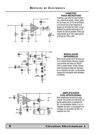 MONTAJES   DE   ELECTRONICA
                                      VUMETRO
                                PARA MICROFONO
                         Podemos usar este VU para micrófo-
                         nos, sistema de sonido, mixers, edito-
                         res de cintas, etc. El VU es de 200µA
                         y en función de su tipo hacemos el
                         ajuste con el trimpot de 100K. La sen-
                         sibilidad de entrada está dada por el
                         resistor de 22K en paralelo. Para usar
                         instrumentos de 0-1mA, basta reducir
                         el trimpot de 100k a 22k.




                                   MODULADOR
                                   INFRARROJO
                         Este circuito puede servir de base pa-
                         ra un control remoto infrarrojo, exigirá
                         una corriente del orden de 140mA
                         (25V) y podrá excitar 12 leds. El tran-
                         sistor de potencia debe ser montado
                         en un disipador de calor. La frecuencia
                         máxima de modulación está alrededor
                         de 200kHz.




                                 AMPLIFICADOR
                              CON OPERACIONAL
                         Este ampliﬁcador proporciona algo
                         más de 1W cuando se lo alimenta con
                         fuente partida sobre un parlante de
                         8Ω. Los transistores deben ir con un
                         disipador de calor. La ecualización se
                         consigue con el resistor de 6k8 y el
                         capacitor de 10nF.




8               Circuitos Electrónicos 1
 