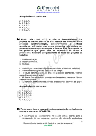 www.odiferencialconcursos.com.br
10
“O que você quiser da vida, a vida lhe dará, se você fizer a sua parte.”
Ano 2012
A sequência está correta em:
a) 1, 2, 3, 1.
b) 3, 3, 2, 1.
c) 2, 1, 2, 3.
d) 3, 2, 1, 2.
e) 2, 3, 2, 1.
14.Alvarez Leite (1996, 32-33), ao falar do desenvolvimento dos
projetos de trabalho em sala de aula, destaca três momentos deste
processo (problematização, desenvolvimento e síntese),
ressaltando entretanto, que esses momentos não podem ser
pensados como etapas estanques e lineares. Eles fazem parte de
um processo que ganha vida na experiência de alunos e
professores. Relacione adequadamente as fases dos projetos de
trabalho:
1. Problematização.
2. Desenvolvimento.
3. Síntese.
( ) estratégias para atingir objetivos (pesquisas, entrevistas, debates).
( ) Pesquisas bibliográficas, pesquisas de campo.
( ) Novas aprendizagens ao longo do processo (conceitos, valores,
procedimentos, construídos).
( ) Informações adquiridas, questões esclarecedoras, novos problemas
a serem resolvidos.
( ) Detonador, conhecimentos prévios, expectativas, objetivos do grupo.
A sequência está correta em:
a) 1, 2, 3, 1, 2.
b) 2, 2, 1, 1, 3.
c) 2, 3, 3, 1, 2.
d) 2, 2, 3, 3, 1.
e) 1, 3, 2, 1, 3.
15.Tendo como base a perspectiva da construção do conhecimento,
marque a alternativa INCORRETA:
a) A construção do conhecimento na escola crítica aponta para a
necessidade de um processo contínuo de interação pedagógica
 
