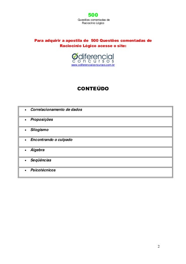 500 Questões Comentadas De Raciocínio Lógico Pdf 500 questões raciocínio lógico apostila amostra