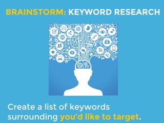 Understanding keywords is the
foundation of SEO:
● Brainstorm
● Current search traffic analysis
● Competitive analysis
● Google autosuggest
● Adwords keyword planner
KEYWORD RESEARCH
 