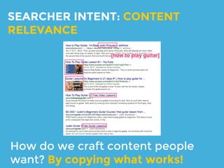 ON-SITE CONTENT
CONSIDERATIONS
Searcher intent
● content relevance
● content comprehensiveness
User engagement metrics
● dwell time (bounce rate, avg. time on site)
 